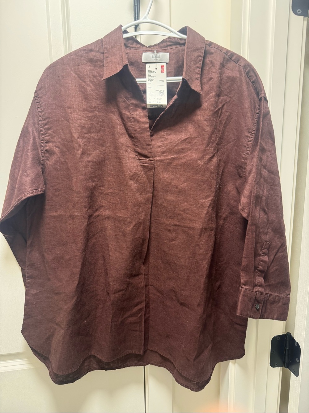 Uniqlo Women's Brown Long-Sleeve Linen Blend Pullover Shirt